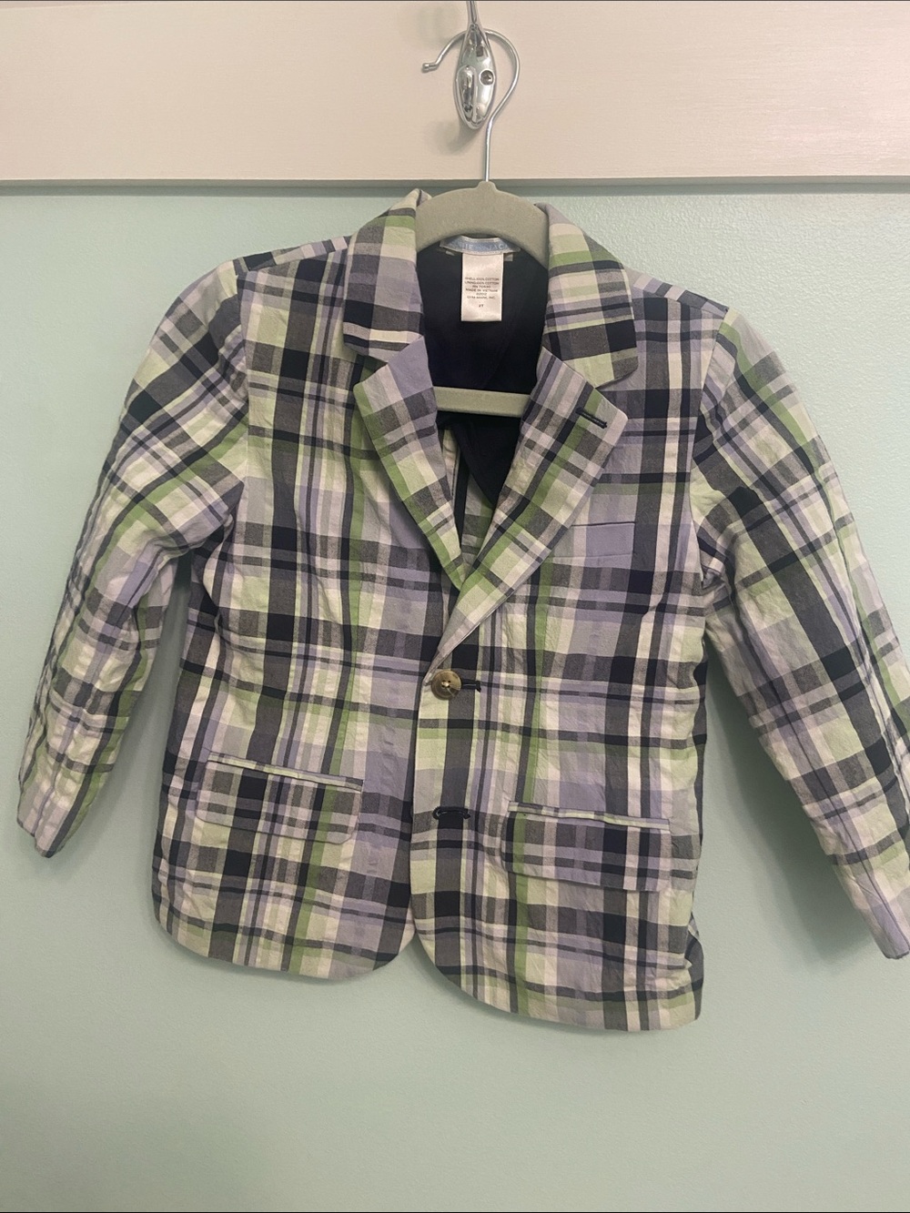 Kids Plaid Blazer Jacket in Light Green & Navy - Janie and Jack 2T